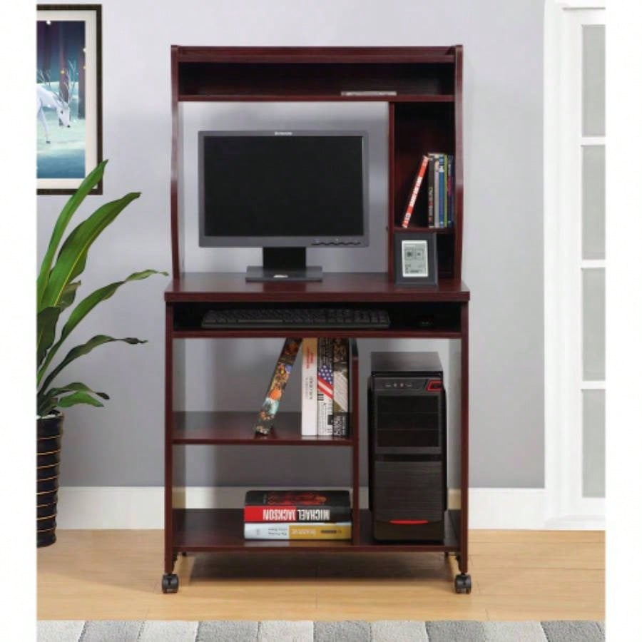 Microwave cart computer cart utility cart with hutch shelves spice rack mobile on locking castors mahogany