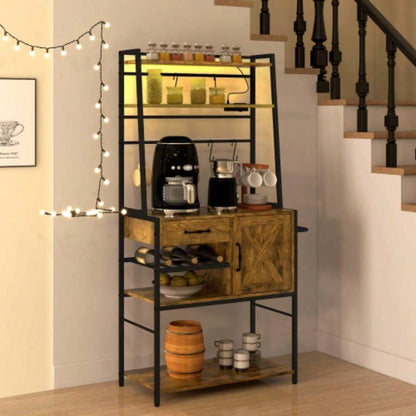 HOMCOM Bakers Rack with Power Outlet and LED Lights, Coffee Bar with Storage Shelves, Industrial Microwave Stand with Wine Bottle Rack, Drawer, Barn Door Cabinet, Rustic Brown