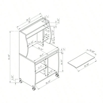 Microwave cart computer cart utility cart with hutch shelves spice rack mobile on locking castors mahogany