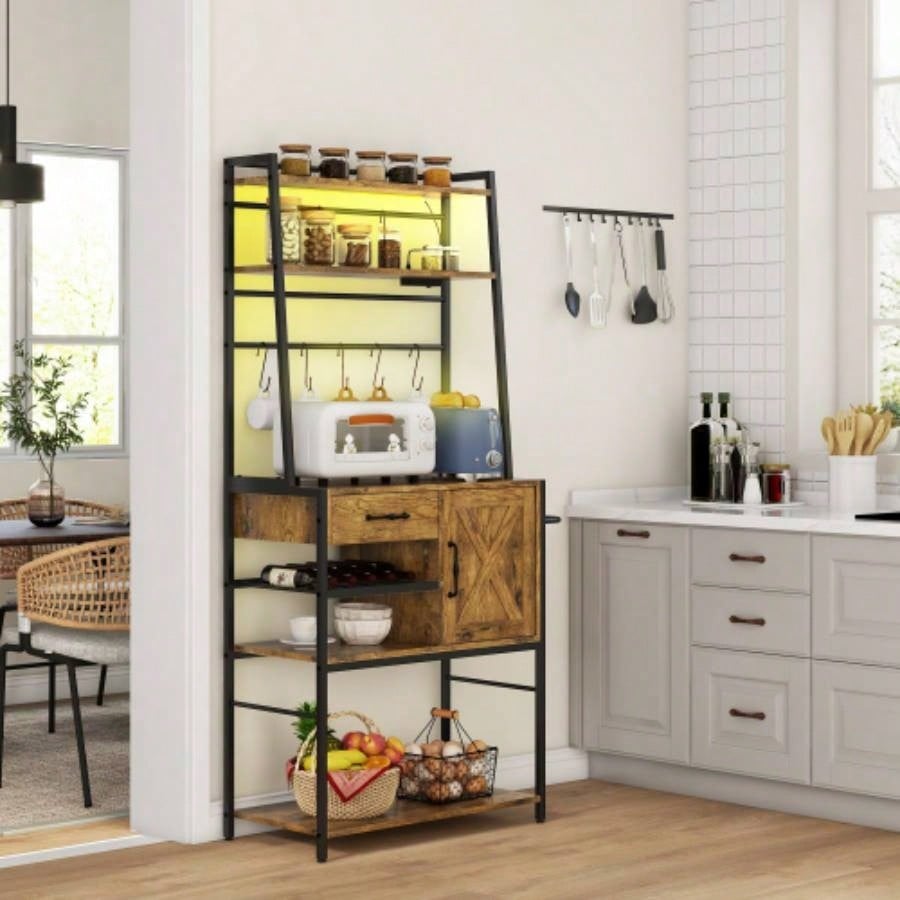 HOMCOM Bakers Rack with Power Outlet and LED Lights, Coffee Bar with Storage Shelves, Industrial Microwave Stand with Wine Bottle Rack, Drawer, Barn Door Cabinet, Rustic Brown