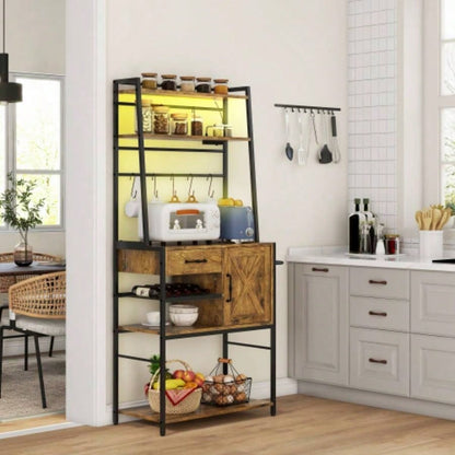 HOMCOM Bakers Rack with Power Outlet and LED Lights, Coffee Bar with Storage Shelves, Industrial Microwave Stand with Wine Bottle Rack, Drawer, Barn Door Cabinet, Rustic Brown