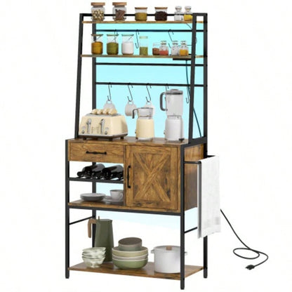 HOMCOM Bakers Rack with Power Outlet and LED Lights, Coffee Bar with Storage Shelves, Industrial Microwave Stand with Wine Bottle Rack, Drawer, Barn Door Cabinet, Rustic Brown