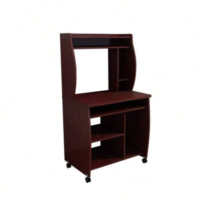 Microwave cart computer cart utility cart with hutch shelves spice rack mobile on locking castors mahogany