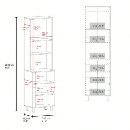 Kayenta Kitchen Pantry with 2 Pneumatic Door, Open Storage, and Bottom Cabinet, White.