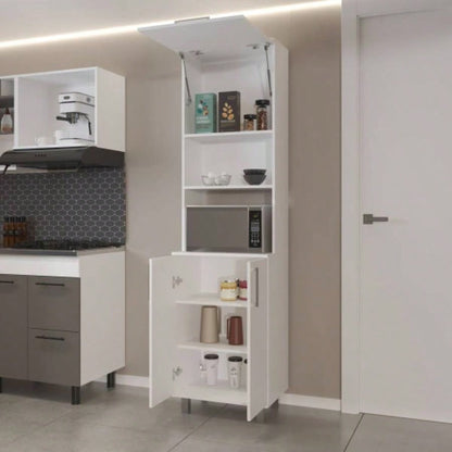 Kayenta Kitchen Pantry with 2 Pneumatic Door, Open Storage, and Bottom Cabinet, White.