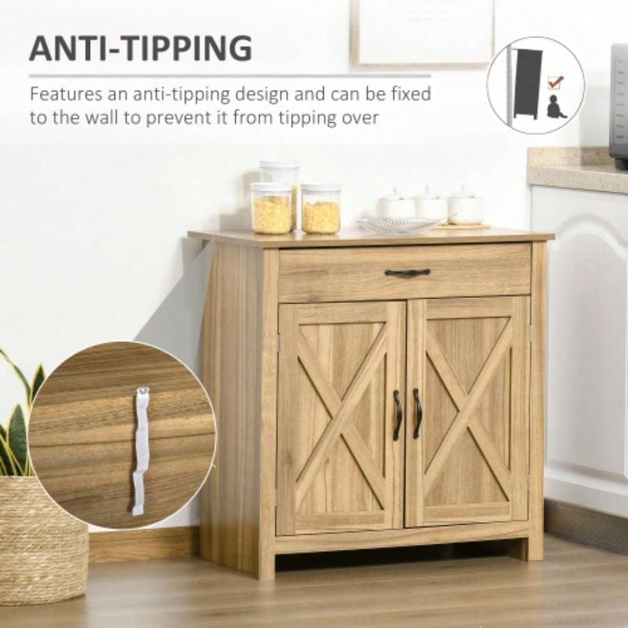 HOMCOM Farmhouse Sideboard Buffet Cabinet, Barn Door Coffee Bar Cabinet with Drawer and Adjustable Shelf, Kitchen Cabinet Living Room, Entryway, Natural Wood Effect