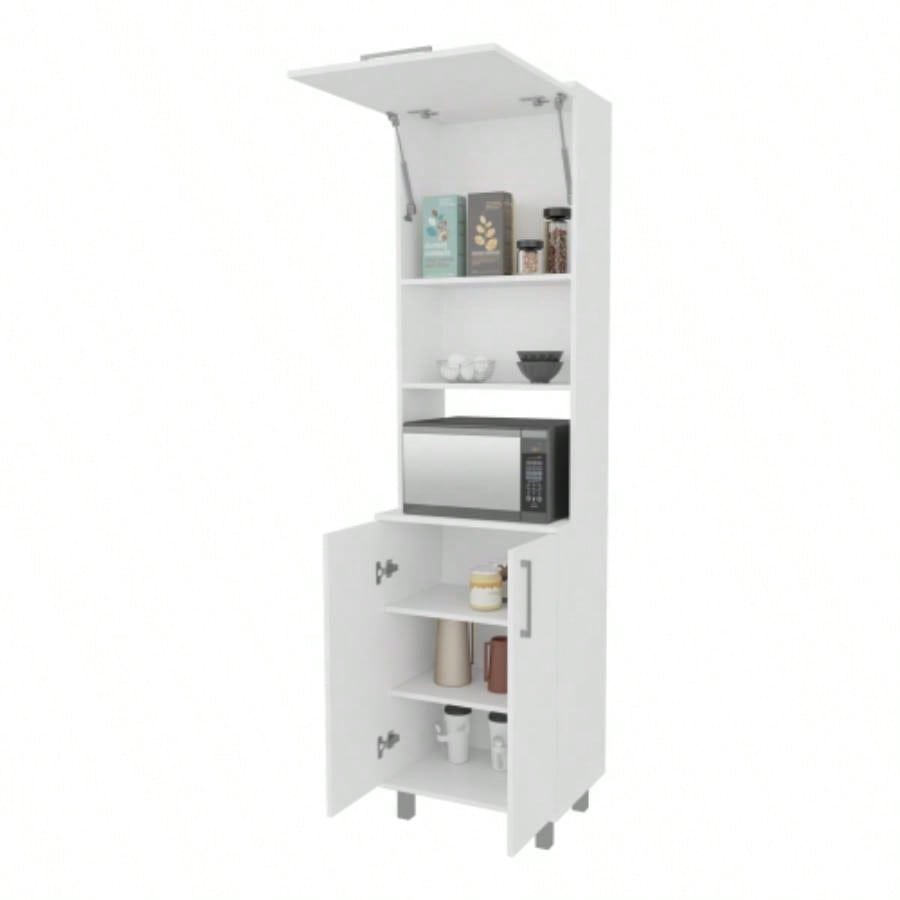 Kayenta Kitchen Pantry with 2 Pneumatic Door, Open Storage, and Bottom Cabinet, White.