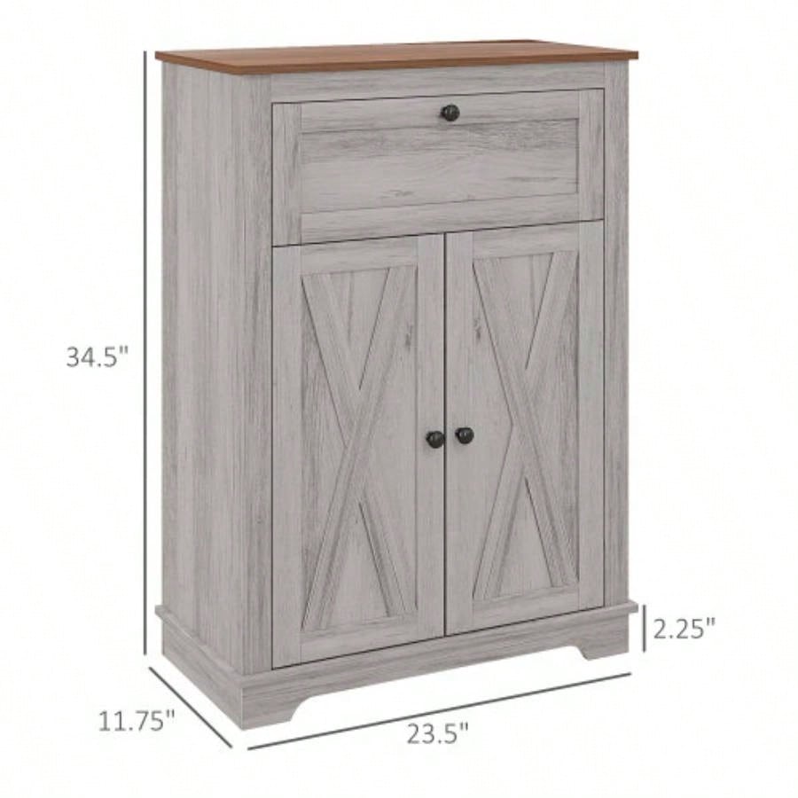 HOMCOM Farmhouse Barn Door Accent Cabinet, Kitchen Sideboard Storage Cabinet with Double Doors, Drawer, and Adjustable Shelf Bedroom, Living Room, Light Gray