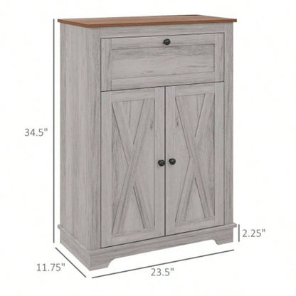 HOMCOM Farmhouse Barn Door Accent Cabinet, Kitchen Sideboard Storage Cabinet with Double Doors, Drawer, and Adjustable Shelf Bedroom, Living Room, Light Gray