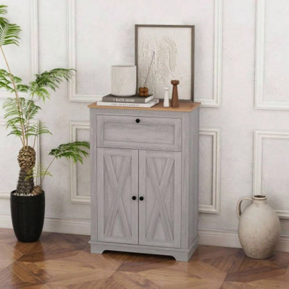 HOMCOM Farmhouse Barn Door Accent Cabinet, Kitchen Sideboard Storage Cabinet with Double Doors, Drawer, and Adjustable Shelf Bedroom, Living Room, Light Gray