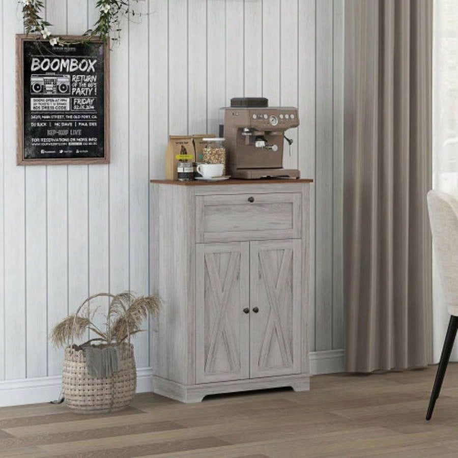 HOMCOM Farmhouse Barn Door Accent Cabinet, Kitchen Sideboard Storage Cabinet with Double Doors, Drawer, and Adjustable Shelf Bedroom, Living Room, Light Gray