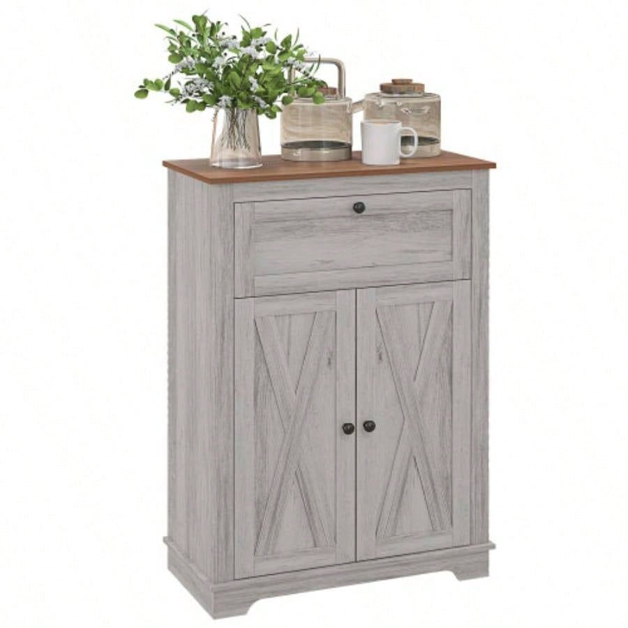 HOMCOM Farmhouse Barn Door Accent Cabinet, Kitchen Sideboard Storage Cabinet with Double Doors, Drawer, and Adjustable Shelf Bedroom, Living Room, Light Gray