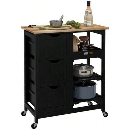 HOMCOM Rolling Kitchen Island Cart, Bar Serving Cart, Compact Trolley on Wheels with Wood Top, Shelves Drawers Home Dining Area, Black