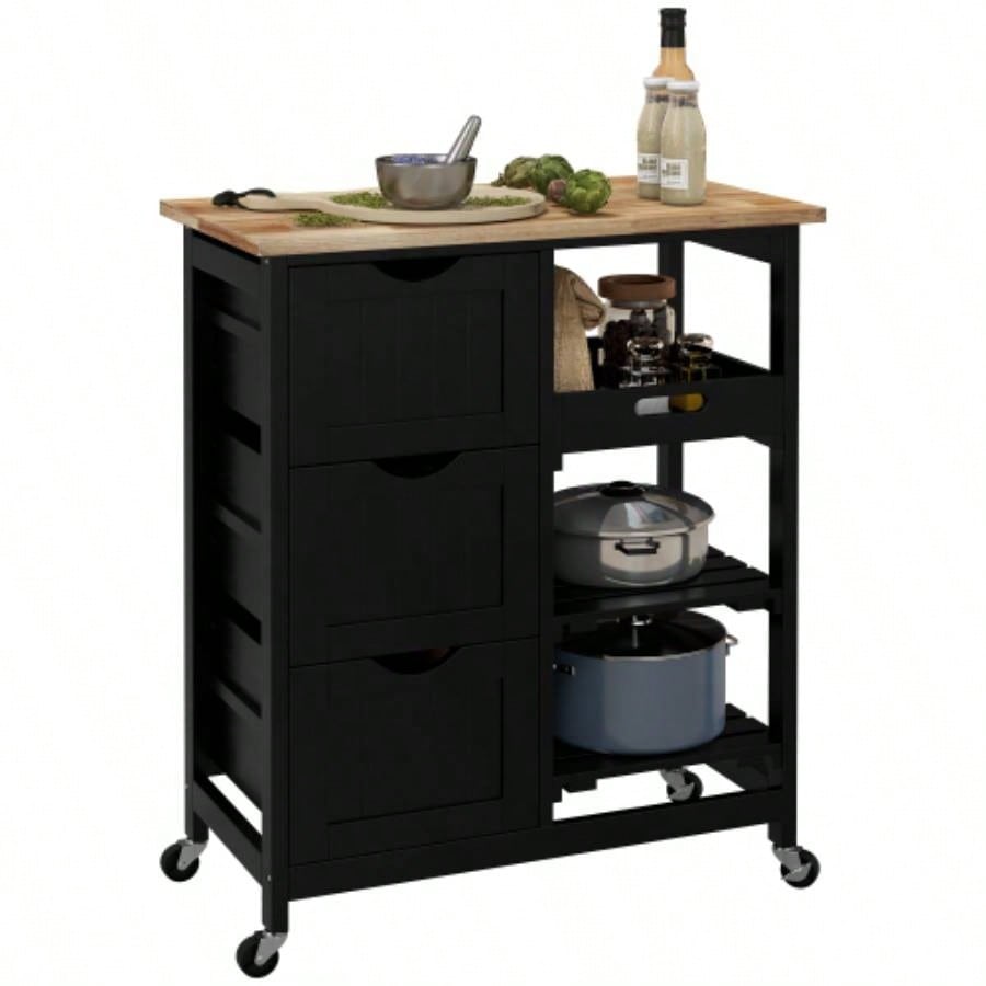 HOMCOM Rolling Kitchen Island Cart, Bar Serving Cart, Compact Trolley on Wheels with Wood Top, Shelves Drawers Home Dining Area, Black