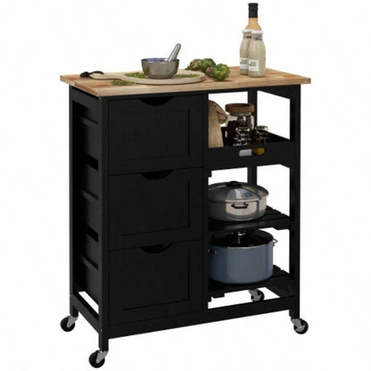 HOMCOM Rolling Kitchen Island Cart, Bar Serving Cart, Compact Trolley on Wheels with Wood Top, Shelves Drawers Home Dining Area, Black