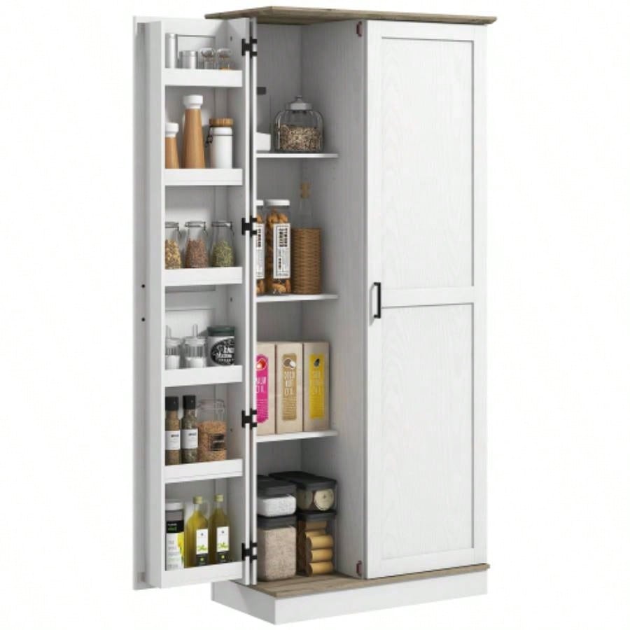 HOMCOM 70 Tall Kitchen Pantry Cabinet, Modern Storage Cabinet with 6 Spice Racks and Adjustable Shelves, Freestanding Cupboard Living Room, Dining Room, White