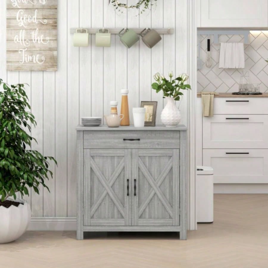 HOMCOM Farmhouse Sideboard Buffet Cabinet, Barn Door Coffee Bar Cabinet with Drawer and Adjustable Shelf, Kitchen Cabinet Living Room, Entryway, Stone Gray