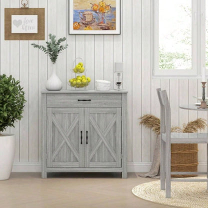 HOMCOM Farmhouse Sideboard Buffet Cabinet, Barn Door Coffee Bar Cabinet with Drawer and Adjustable Shelf, Kitchen Cabinet Living Room, Entryway, Stone Gray