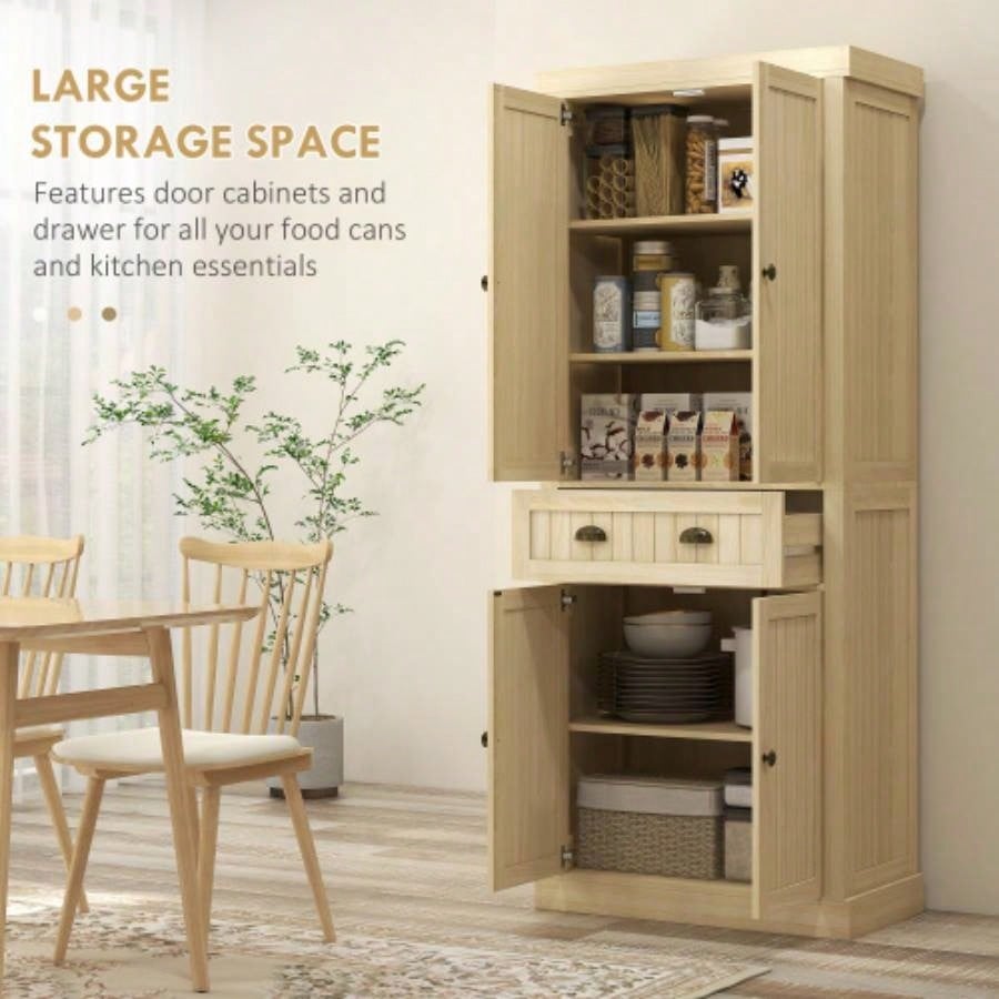HOMCOM 72 Farmhouse Kitchen Pantry Cabinet, Freestanding Tall Storage Cabinet with 4 Soft - Close Doors, 2 Adjustable Shelves and Drawer Dining Room, Natural Wood