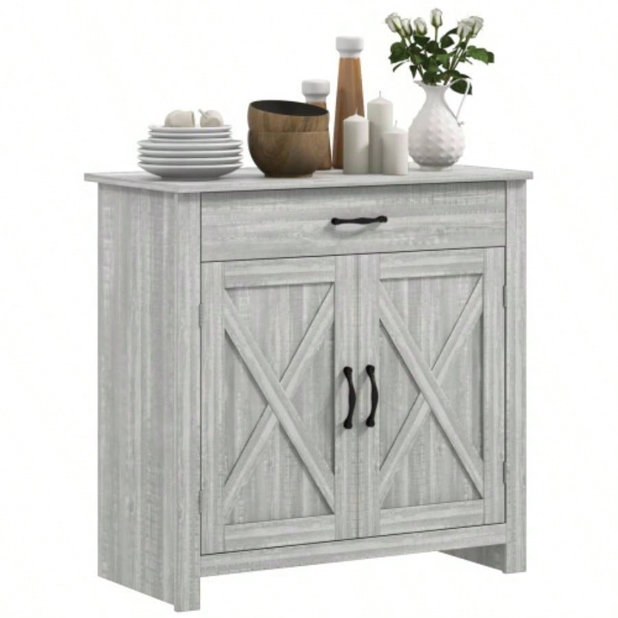 HOMCOM Farmhouse Sideboard Buffet Cabinet, Barn Door Coffee Bar Cabinet with Drawer and Adjustable Shelf, Kitchen Cabinet Living Room, Entryway, Stone Gray