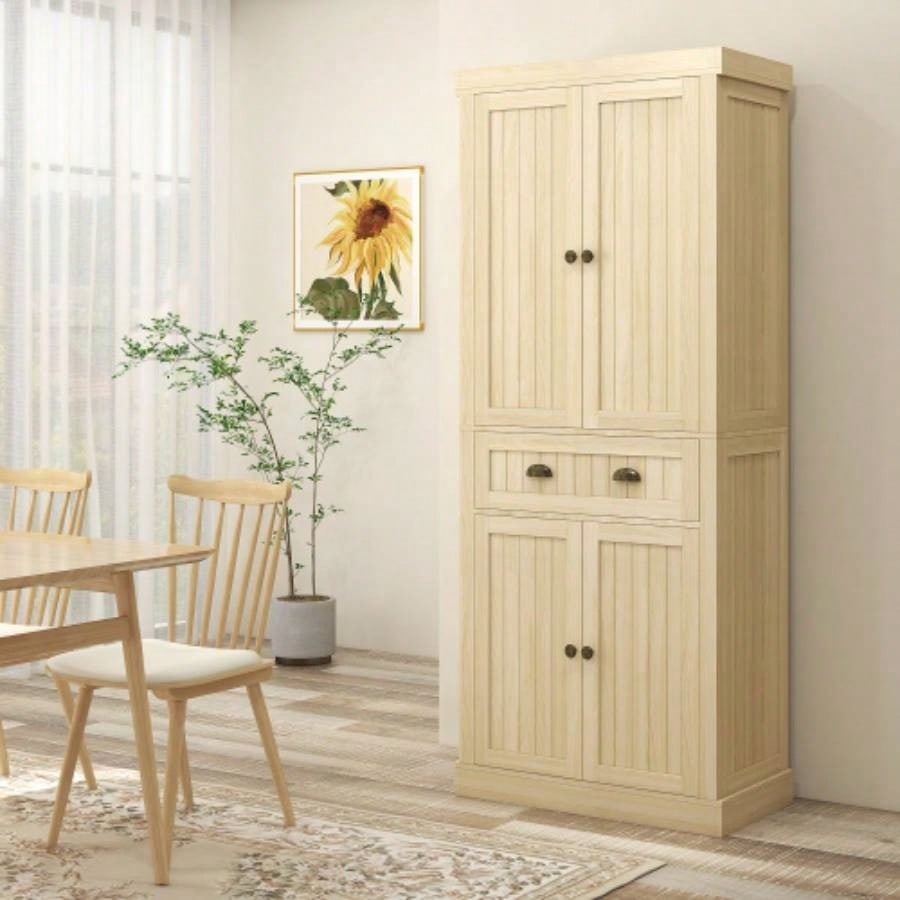 HOMCOM 72 Farmhouse Kitchen Pantry Cabinet, Freestanding Tall Storage Cabinet with 4 Soft - Close Doors, 2 Adjustable Shelves and Drawer Dining Room, Natural Wood