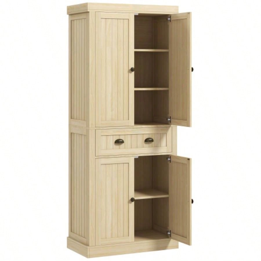 HOMCOM 72 Farmhouse Kitchen Pantry Cabinet, Freestanding Tall Storage Cabinet with 4 Soft - Close Doors, 2 Adjustable Shelves and Drawer Dining Room, Natural Wood