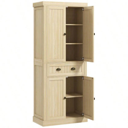 HOMCOM 72 Farmhouse Kitchen Pantry Cabinet, Freestanding Tall Storage Cabinet with 4 Soft - Close Doors, 2 Adjustable Shelves and Drawer Dining Room, Natural Wood