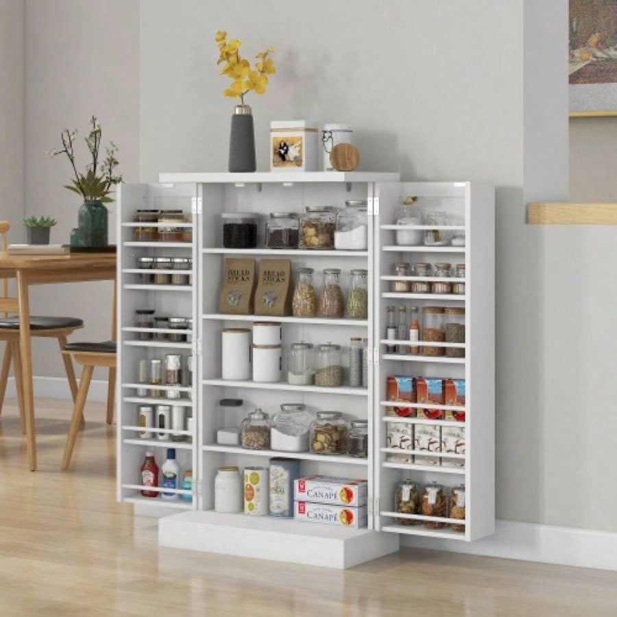 HOMCOM 41 Kitchen Pantry Storage Cabinet, Freestanding Kitchen Cabinet with 12 Door Shelves, Double Doors, 5 - tier Shelving and Adjustable Shelves, Painted White