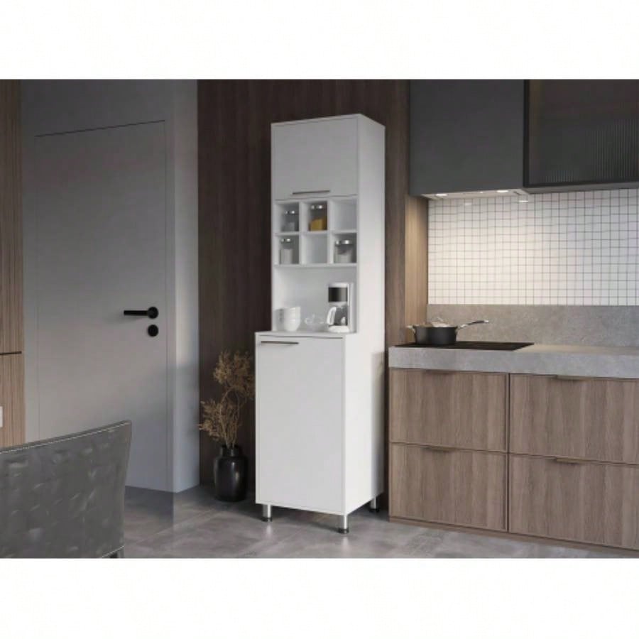 Rock Kitchen Pantry with Pneumatic Door, Open Storage, and Bottom Cabinet, White.