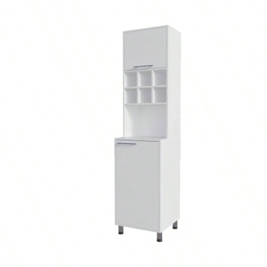 Rock Kitchen Pantry with Pneumatic Door, Open Storage, and Bottom Cabinet, White.