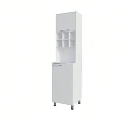 Rock Kitchen Pantry with Pneumatic Door, Open Storage, and Bottom Cabinet, White.