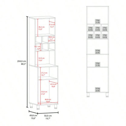 Rock Kitchen Pantry with Pneumatic Door, Open Storage, and Bottom Cabinet, White.
