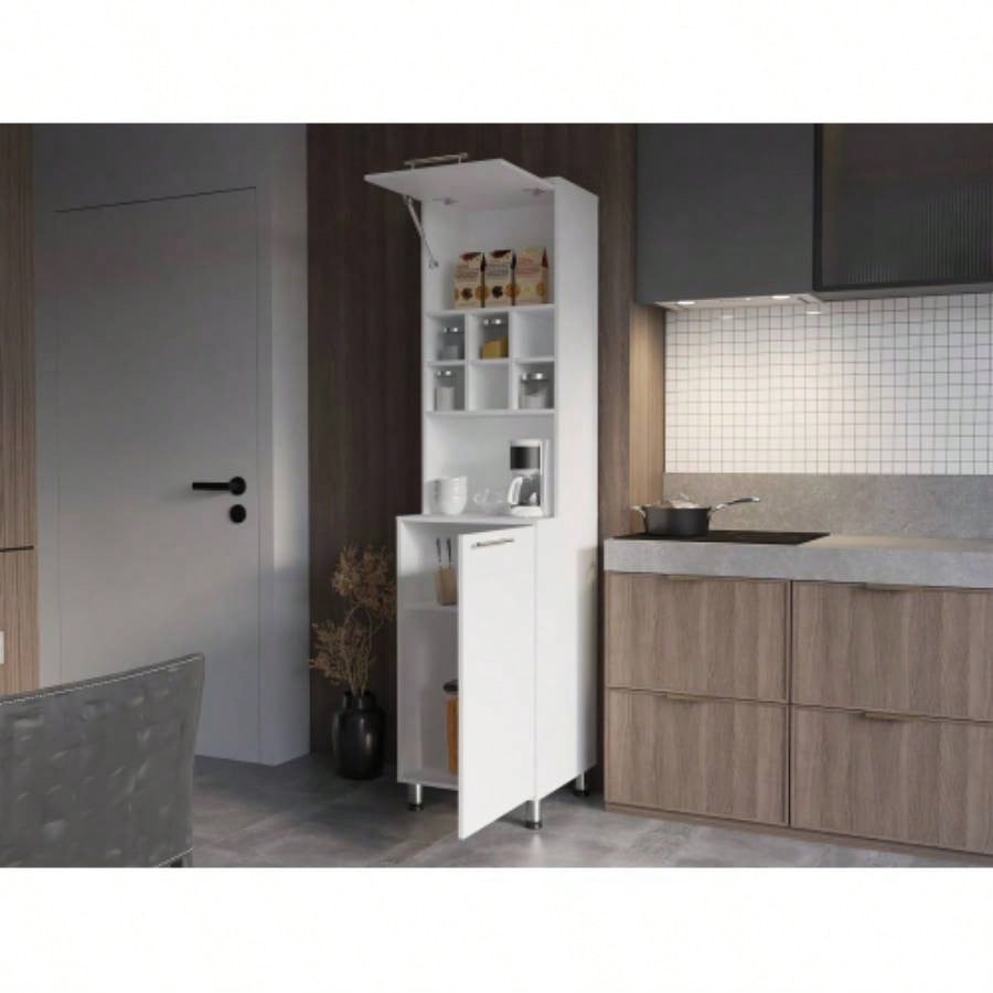Rock Kitchen Pantry with Pneumatic Door, Open Storage, and Bottom Cabinet, White.
