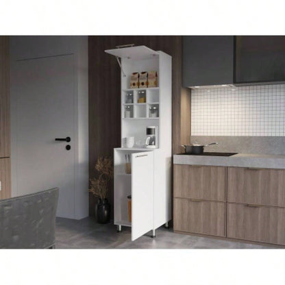 Rock Kitchen Pantry with Pneumatic Door, Open Storage, and Bottom Cabinet, White.