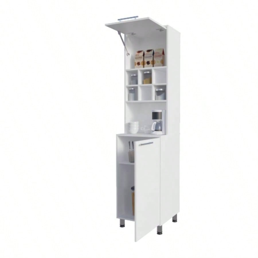 Rock Kitchen Pantry with Pneumatic Door, Open Storage, and Bottom Cabinet, White.