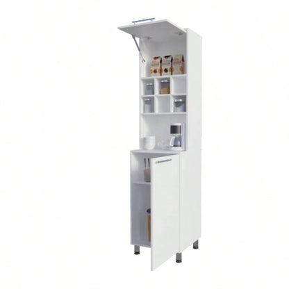 Rock Kitchen Pantry with Pneumatic Door, Open Storage, and Bottom Cabinet, White.