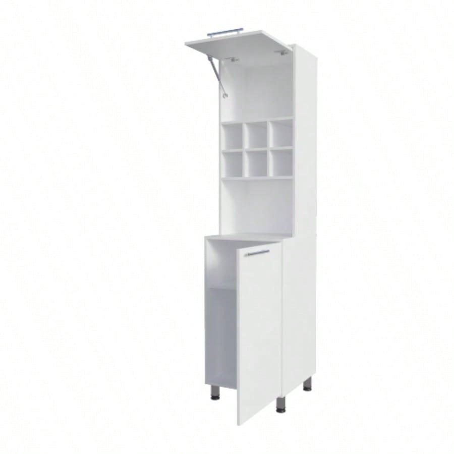 Rock Kitchen Pantry with Pneumatic Door, Open Storage, and Bottom Cabinet, White.