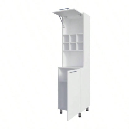 Rock Kitchen Pantry with Pneumatic Door, Open Storage, and Bottom Cabinet, White.