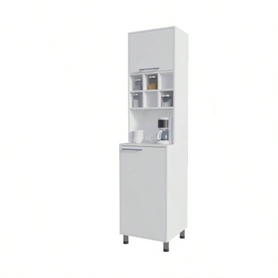 Rock Kitchen Pantry with Pneumatic Door, Open Storage, and Bottom Cabinet, White.