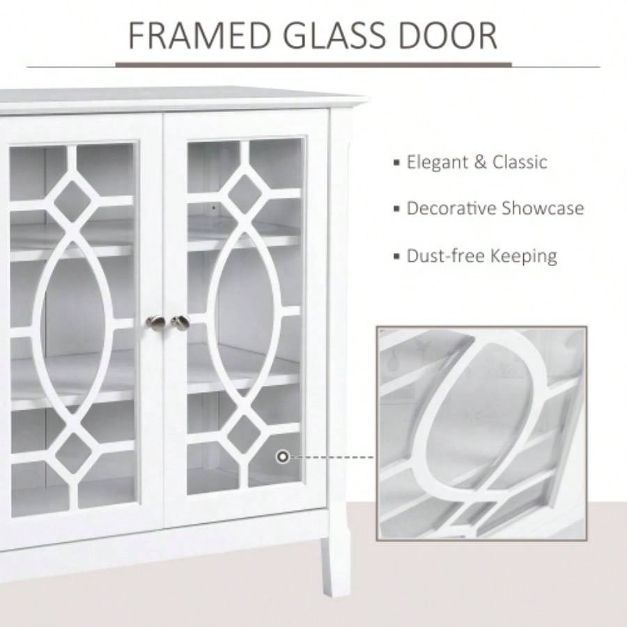 HOMCOM Sideboard Buffet Cabinet, Kitchen Storage Cabinet, Double Glass Door Accent Cabinet with Adjustable Shelves, White