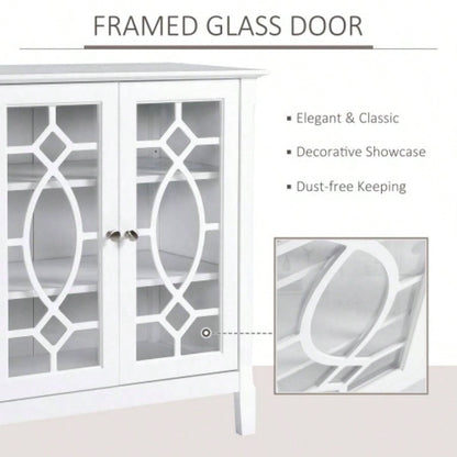 HOMCOM Sideboard Buffet Cabinet, Kitchen Storage Cabinet, Double Glass Door Accent Cabinet with Adjustable Shelves, White