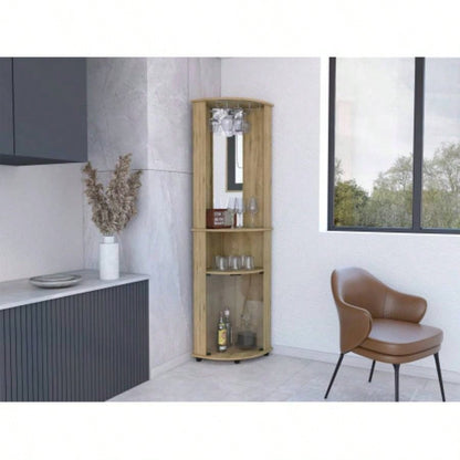 Chicago 75 H Mirrored Corner Bar Cabinet, With Glass Doors, Two Shelves and Stemware