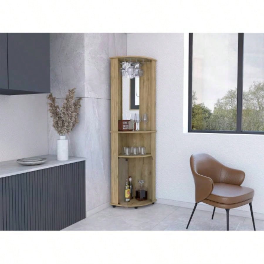 Chicago 75 H Mirrored Corner Bar Cabinet, With Glass Doors, Two Shelves and Stemware