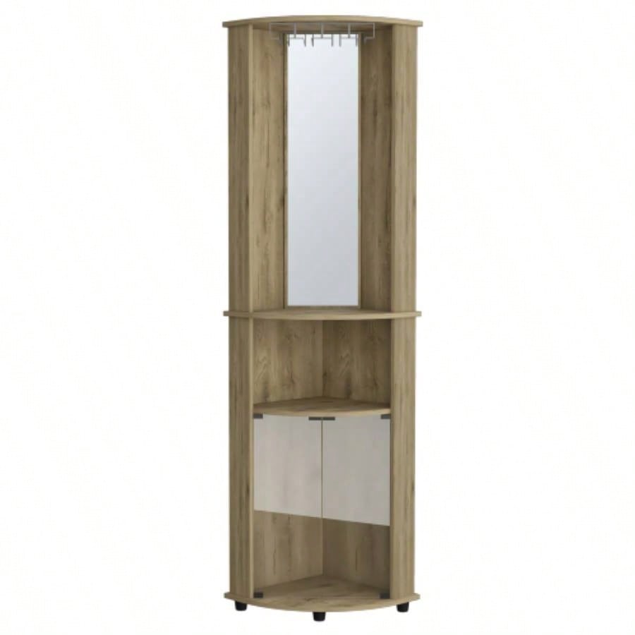 Chicago 75 H Mirrored Corner Bar Cabinet, With Glass Doors, Two Shelves and Stemware