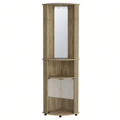 Chicago 75 H Mirrored Corner Bar Cabinet, With Glass Doors, Two Shelves and Stemware