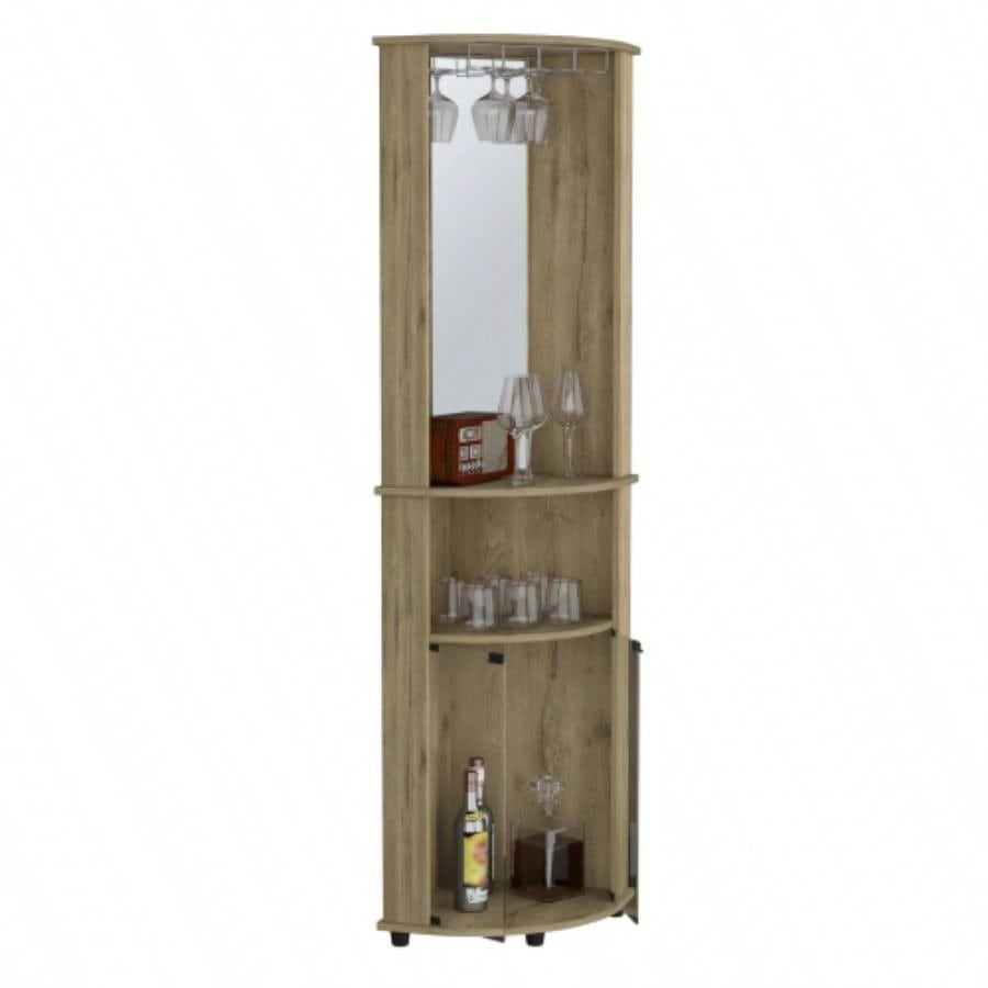 Chicago 75 H Mirrored Corner Bar Cabinet, With Glass Doors, Two Shelves and Stemware