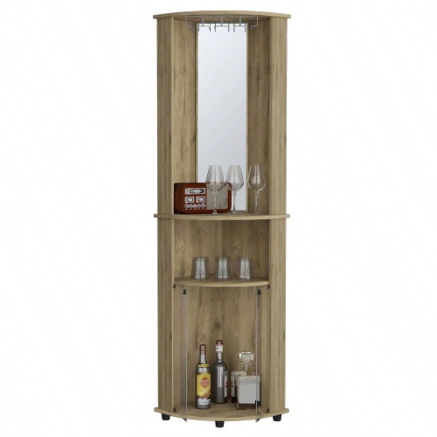 Chicago 75 H Mirrored Corner Bar Cabinet, With Glass Doors, Two Shelves and Stemware