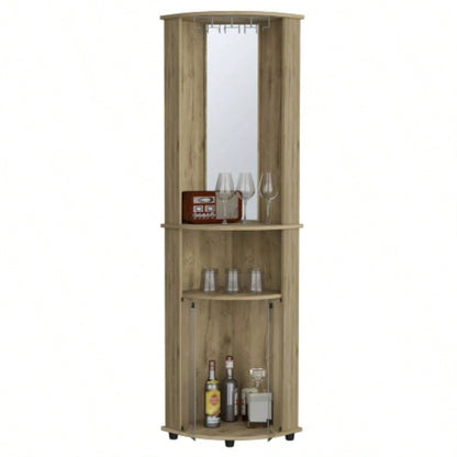 Chicago 75 H Mirrored Corner Bar Cabinet, With Glass Doors, Two Shelves and Stemware