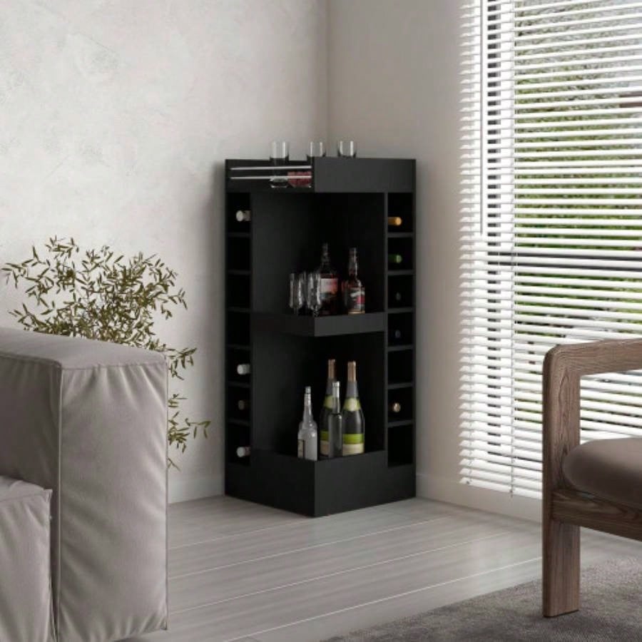 Lyman 46 Tall 3 - Tier Corner Bar Cabinet with Fourteen Wine Bottle Cubbies, Living Room, Liquor Cabinet, Storage Cabinet Black