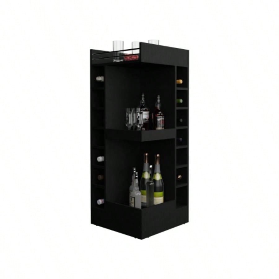 Lyman 46 Tall 3 - Tier Corner Bar Cabinet with Fourteen Wine Bottle Cubbies, Living Room, Liquor Cabinet, Storage Cabinet Black
